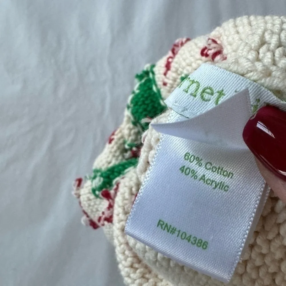 Garnet Hill Kids Green Red White Knit Pom Pom Cotton Hat Beanie‎